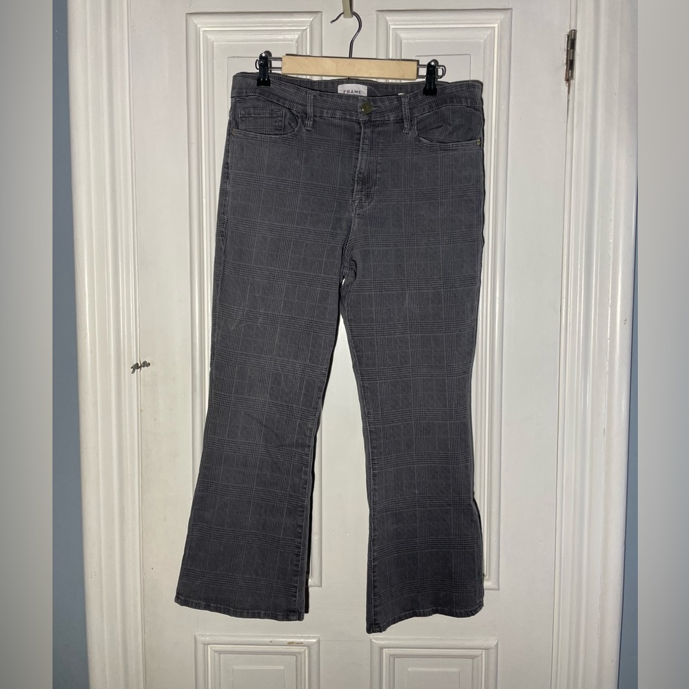 FRAME Le Crop Mini Boot checked mid-rise kick-flare jeans size 33 glen plaid - Picture 3 of 16